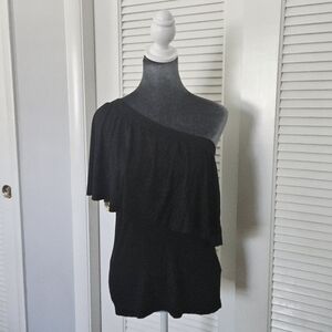 Anthropologie Three Dots Gemma One Shoulder Ruffle Black Top Medium Jersey Soft